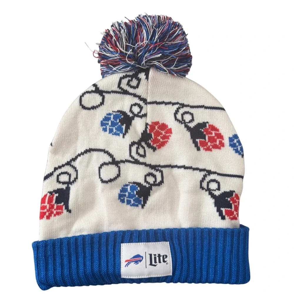 Miller Lite Buffalo Bills Knit Pom Beanie Hat Holiday Hops Blue Red White OSFM